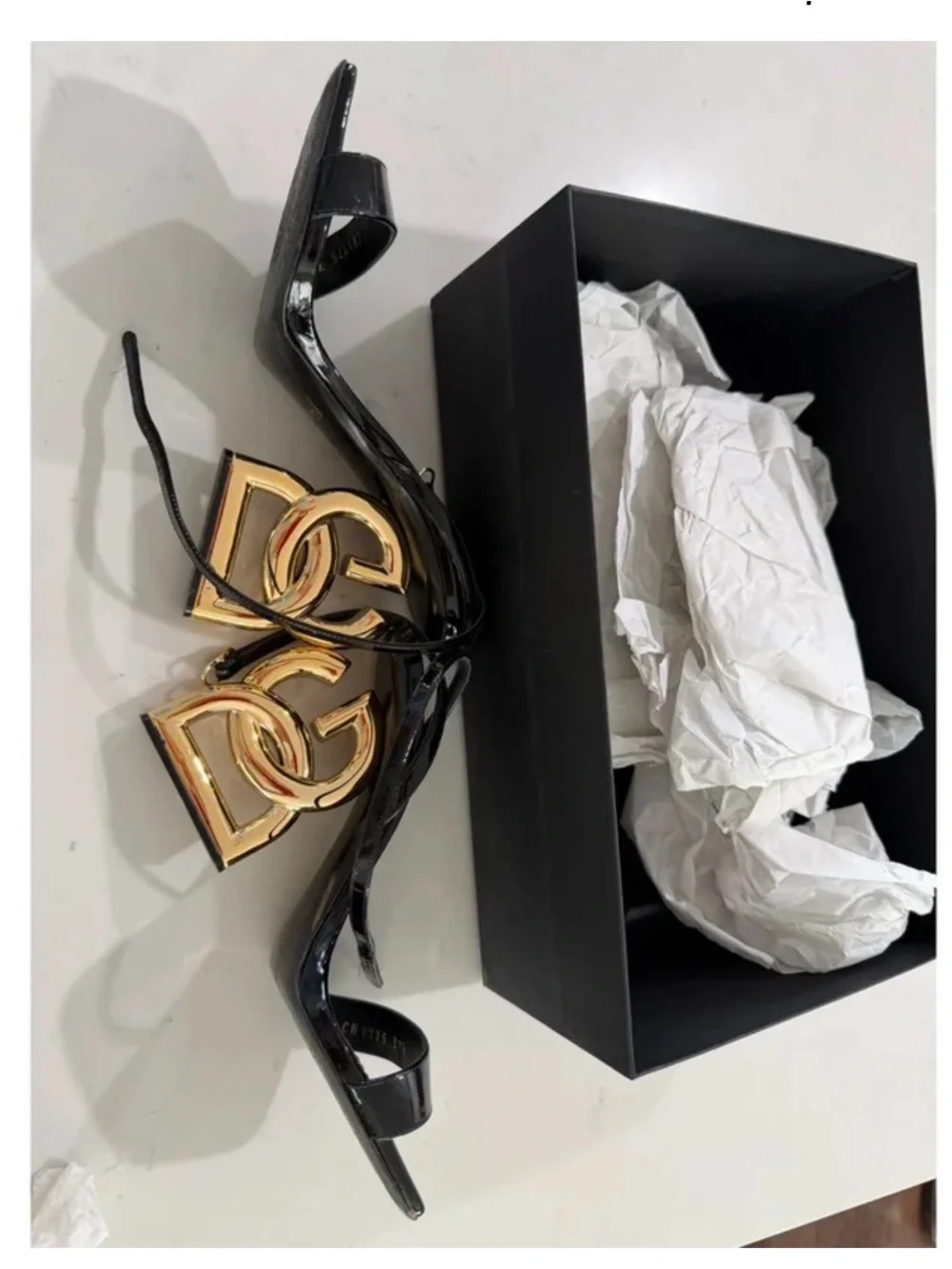Dolce & Gabbana Black Patent Slingback Sandals with Gold Sculptural Heel
